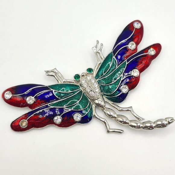 Enamel and Rhinestone Dragonfly Brooch Pin,  large - Picture 1 of 7